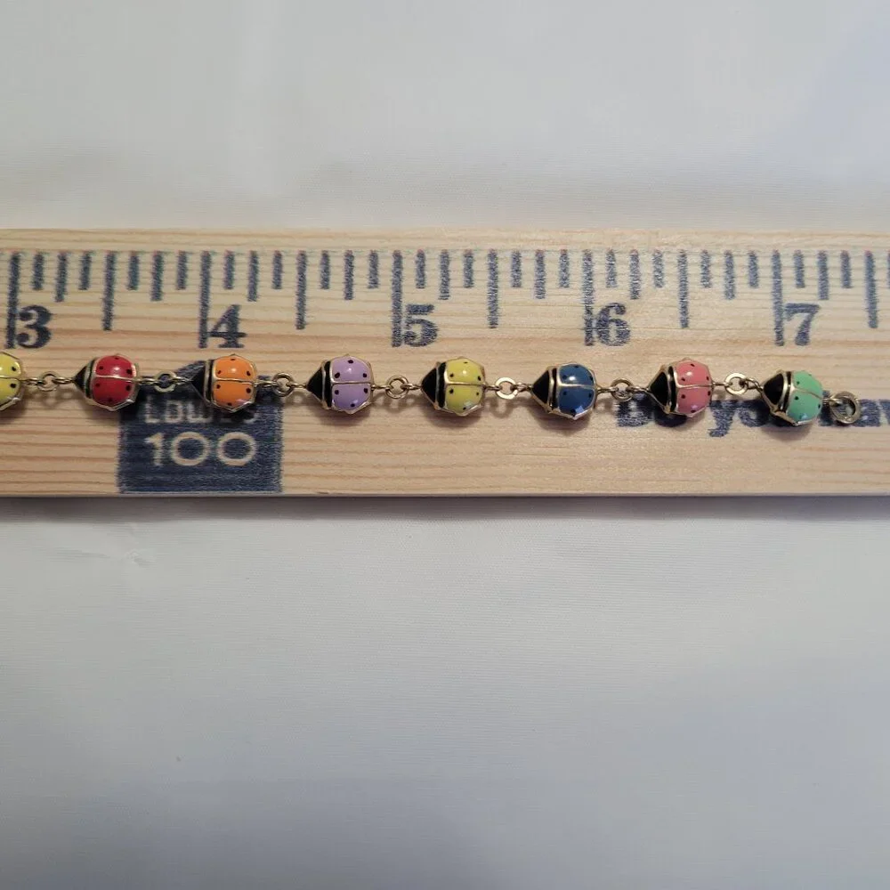 Lady Bug Multicolor Puffy Enamel Bracelet 10k Yellow Gold 3D - Picture 12 of 13